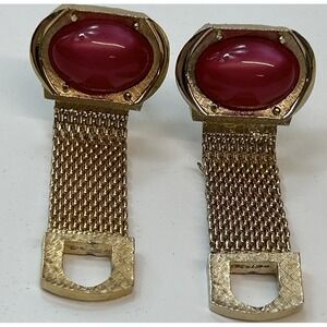 Swank Pink Moonglow & Gold Tone Cuff Links Signed Vintage Oval Gem Clasp Stamped